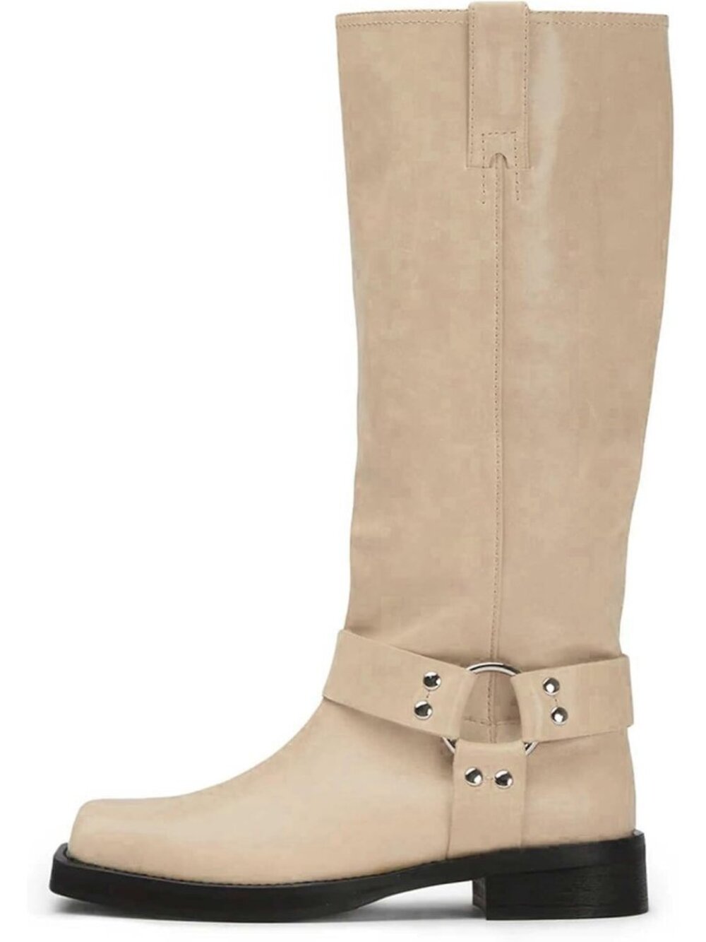 Women's Beige Knee High Boots Square toe Low Heel Buckle Boots Pull-On Wide Calf